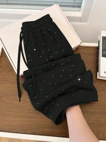 GlowEve 女士时尚水钻装饰高腰抽绳宽松直筒运动裤 - 黑色 - 查看 8