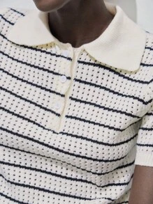 Chiquease 女式 Polo 领黑白条纹短袖毛衣针织上衣套头衫秋冬 - 彩色 - 查看 8