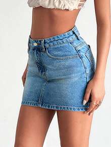 EURMUSE WOMEN HIGH WAIST MINI SKIRT Y2K WASH CASUAL PETITE - Medium Wash - View 4