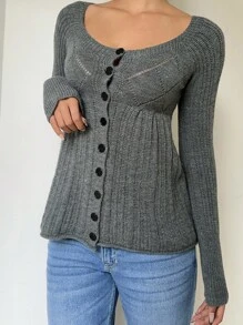 SHEIN EZwear 秋冬女士常规纯色圆领前扣长袖开衫