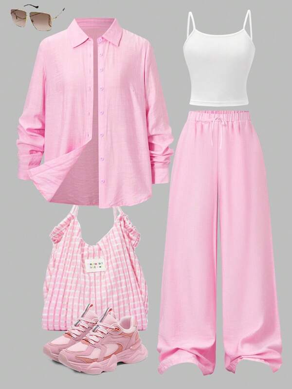 Conjunto de 3 piezas para mujer con camisa de manga larga elegante rosa, top de camiseta blanca y pantalones