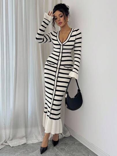 Elenzga V-ringad randig metallknappdekoration för kvinnor med lång ärm