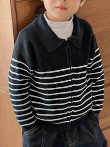 SHEIN 男童休闲黑白条纹前拉链针织夹克 - 黑與白 - 查看 2