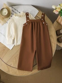 SHEIN Vintaside Kids 女婴针织提花高领长袖上衣和编织花卉刺绣围兜连体衣秋季服装套装，秋冬 - 巧克力棕 - 查看 8