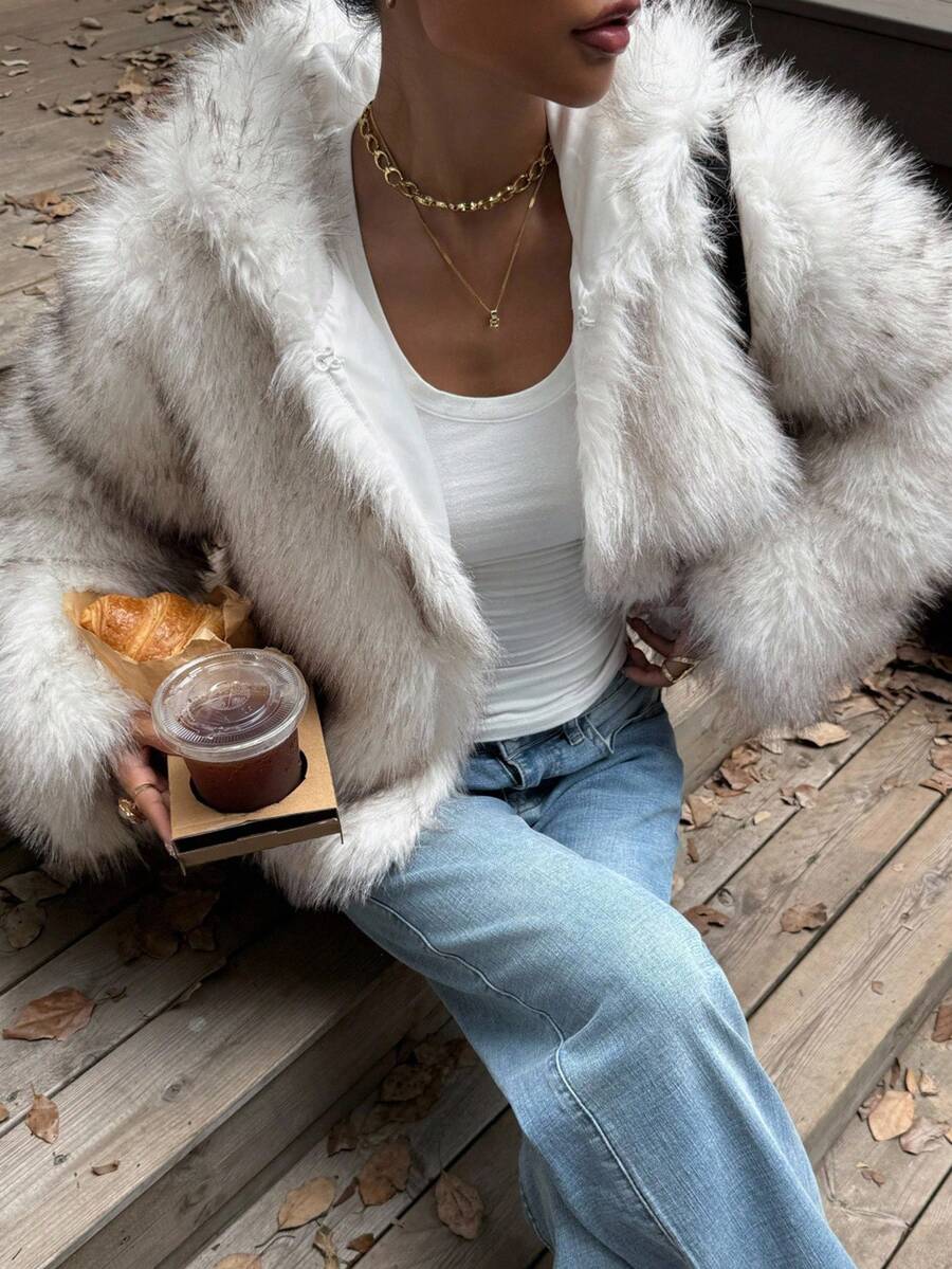 DAZY 女士时尚保暖长袖连帽宽松仿皮草外套，秋冬女式大衣 - 白色 - 查看 1