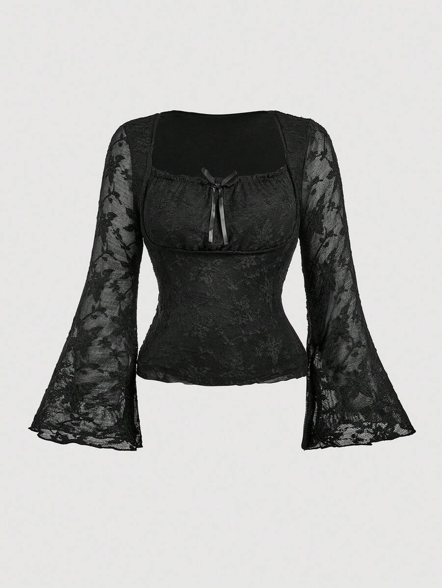 SHEIN MOD 大码女式黑色文胸罩杯褶皱方领喇叭袖T恤 - 黑色 - 查看 1