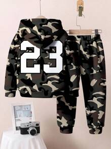 SHEIN 男童 2 件套 23 迷彩印花宽松休闲连帽衫运动衫套装秋冬季 - 彩色 - 查看 3