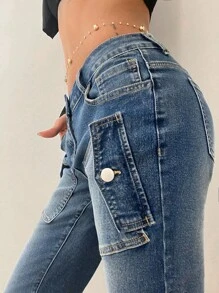 StreetHx 低腰牛仔七分裤，带口袋 - 中等水洗藍 - 查看 5