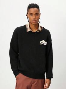 ROMWE MEN Street Life Men's Graffiti Slogan Jacquard Knit Pullover Sweater, Street Fashion