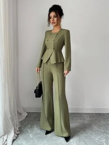 Elenzga Women's Elegant Long Sleeve Blouse And Pants, Romantic Slim Fit Business Suit Fall Cloth For Women - Army Green - View 6
