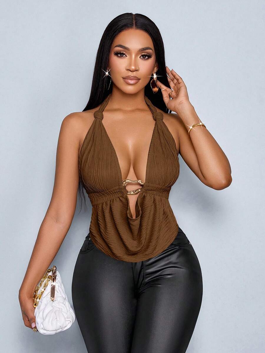 SOLERSUN Spring And Summer Women's Wear Leisure Vacation Apricot Deep V-Neck Halter Straps Front Center Metal Buckle Gathered Shoulder Straps Twist Curved Hem Backless Straps Knitted Textured Fabric Top Halter Top - Brown - View 1