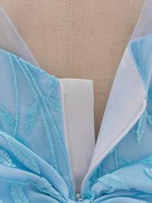 Glamorique Kids Baby Girls Light Blue Floral Summer Elegant Flower Girl Puff Sleeve Bow Embroidery Mesh Tulle Princess Dress,Wedding Party 1st Birthday Puffy Dress - Blue - View 6