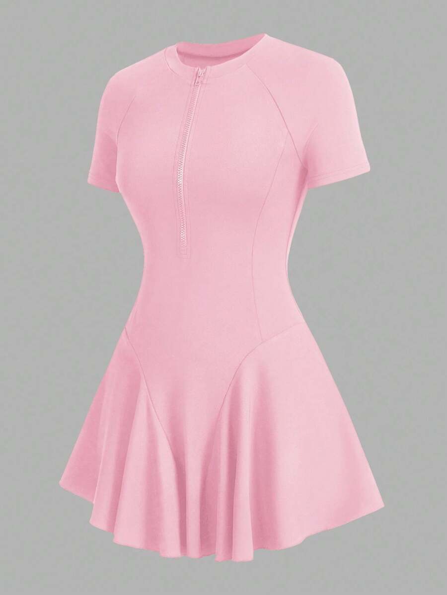 CourtClass 女士休闲纯色拉链短袖连衣裙 - 粉色 - 查看 1