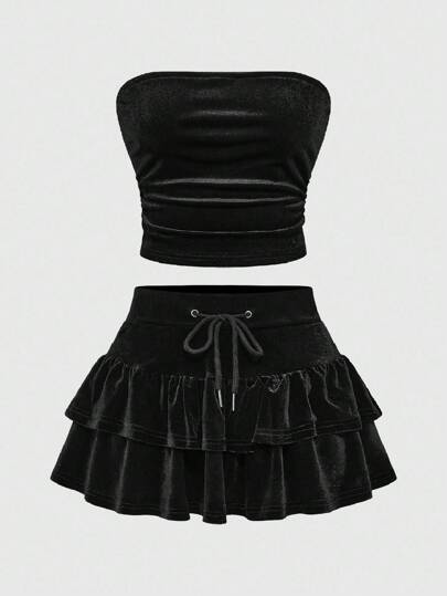 Goth Set di 2 pezzi composto da canotta corta in velluto e minigonna a vita super bassa in stile vintage Y2K