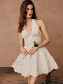 SHEIN Unity 米色系带吊带刺绣黄色格子花卉印花褶饰腰部迷你连衣裙，婚礼宾客礼服，仙女裙，露肩 - 黃色 - 查看 7