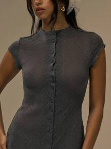 MUSERA Cap Sleeve Collared Fitted Waist Button Down Mini Dress Fall Cute Streetwear Festival Farmhouse Country Vintage Fall Autumn Evening Fall - Grey - View 4