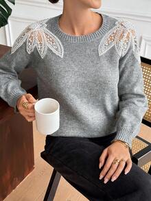 Serisse 女士刺绣薄纱圆领优雅套头毛衣，秋季女装，时尚秋装，优雅，商务休闲，外出上衣，教师装，返校季，欧式复古重工风，女士冬季毛衣，时尚秋装，休闲款 - 灰色 - 查看 5