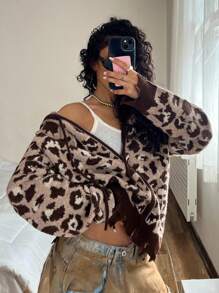 StreetHx Streetwear Women's Leopard Print Jacquard Zip-Up Cardigan, Autumn/Winter - Multicolor - View 6