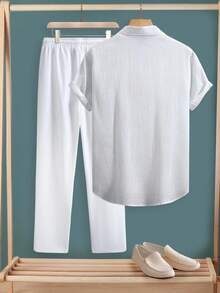 Manfinity Homme Set di camicia a maniche corte casual estiva e pantaloni lunghi con vita con coulisse, stile "Old Money", per uomo