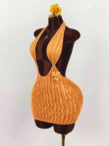 Amplova Đầm ôm body ngắn hở lưng, hở lưng, kiểu dáng du lịch biển gợi cảm mùa hè cho nữ - trái cam - Xem 9