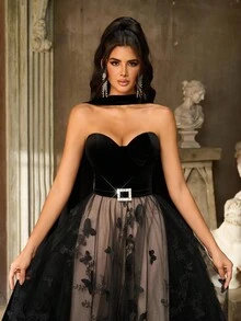 Aureia 优雅奢华刺绣蕾丝和天鹅绒拼布喇叭裙，适合婚礼、派对、度假、舞会、正式活动（重刺绣），黑色 - 黑色 - 查看 3