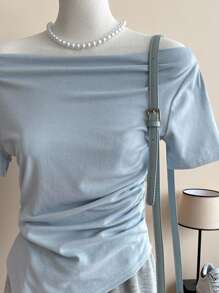 INAWLY 大码女式休闲日常通勤简约纯色露肩褶饰修身 T 恤，夏季 - 藍色 - 查看 3