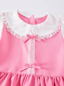 Tween Girl Floral Collar 2 In 1 Pleated Bow Long Dress - Pink - View 8