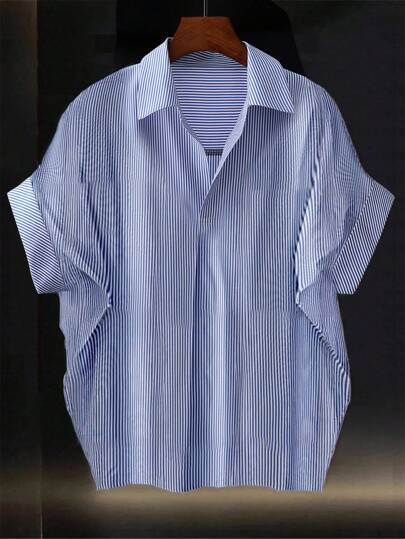 Franclia Fashionable High-End French Design Loose Batwing Sleeve Striped Collar Women Shirt Clothes For University Blue And White Striped Shirt Loose Shirt Blue Striped Shirt Baggy Shirt Oversized Shirt