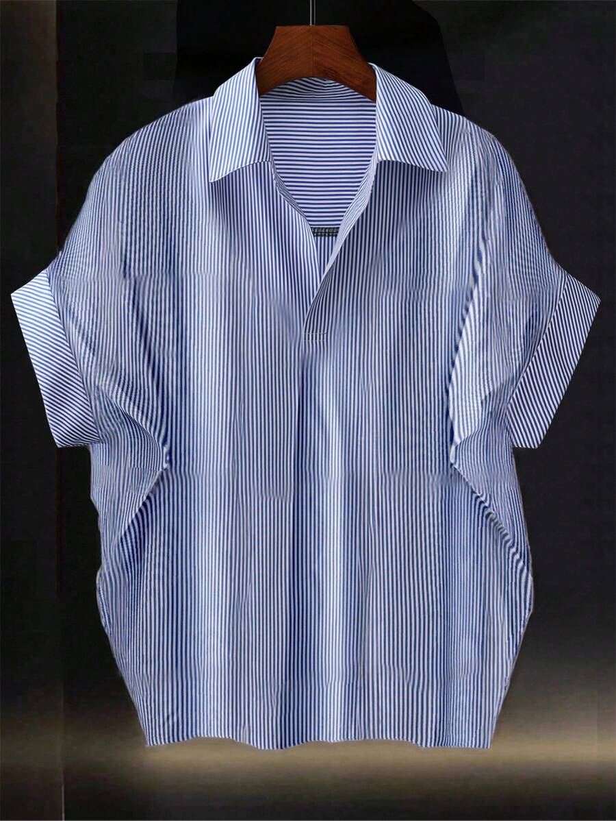 Franclia Fashionable High-End French Design Loose Batwing Sleeve Striped Collar Women Shirt Clothes For University Blue And White Striped Shirt Loose Shirt Blue Striped Shirt Baggy Shirt Oversized Shirt - Blue and White - View 1