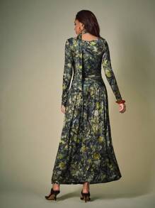 ORANGE STUDIO Women's Long Dress With Autumn Leaf Camouflage Pattern, Winter Long Sleeve Maxi Dress Women Green Floral Dress Women Floral Maxi Dress Printed Maxi Dress Long Sleeve Floral Dress - Army Green - View 2