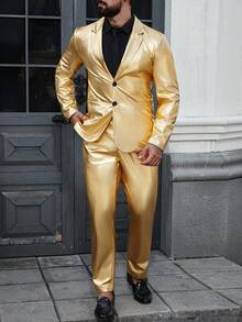 Manfinity AFTRDRK Men's Gold Color Long Sleeve Jacket & Pants Suit Gold Men Suit Men Evening Wear Prom Suits For Men Men Wedding Suit Luxury Clothes For Men - Gold - View 7