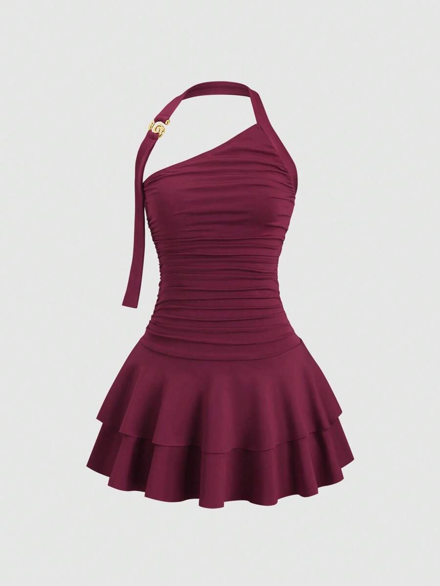 Sweetra New Design Halter Neck Spiral Gold Jewelry Cinched Waist A-Line Mini Dress - Burgundy - View 1