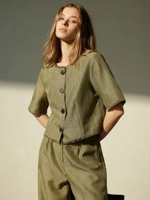 Aveloria Modichic 2件套：双色竹节针织圆领磨边短袖衬衫和休闲裤，通勤装 - 彩色 - 查看 4