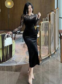 DAZY Váy midi đuôi cá phối ren chắp vá cho nữ, váy dài tay mùa thu - màu đen - Xem 7