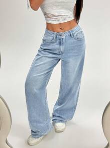 SHEIN PETITE 女式简约蓝色休闲牛仔裤 - 淺色水洗藍 - 查看 5