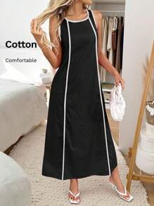 Easowa 春夏浪漫度假无袖圆领开衩下摆红粉色连衣裙，适合休闲浪漫度假，日常休闲通勤穿着