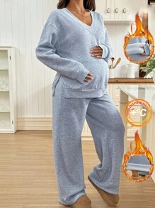 SHEIN 秋季服装，秋季服装，孕妇装 秋冬服装 孕妇装 2 件套 孕妇休闲纯色侧开衩连帽衫和运动裤套装，秋冬孕妇装两件套 两件套休闲套装 孕妇休闲服 舒适两件套女式休闲套装 孕妇装两件套 孕妇休闲套装 两件套女式舒适两件套 灰色两件套 两件套休闲套装女式休闲套装 - 灰色 - 查看 1