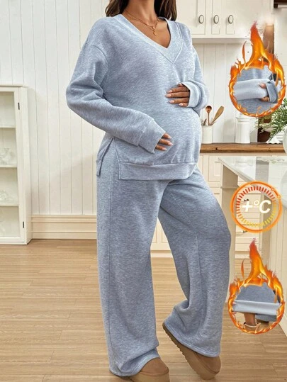 SHEIN 秋季服装，秋季服装，孕妇装 秋冬服装 孕妇装 2 件套 孕妇休闲纯色侧开衩连帽衫和运动裤套装，秋冬孕妇装两件套 两件套休闲套装 孕妇休闲服 舒适两件套女式休闲套装 孕妇装两件套 孕妇休闲套装 两件套女式舒适两件套 灰色两件套 两件套休闲套装女式休闲套装