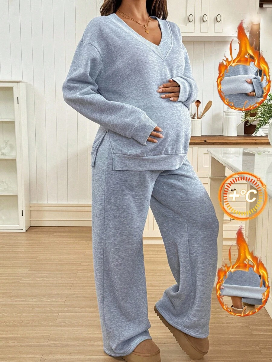 SHEIN 秋季服装，秋季服装，孕妇装 秋冬服装 孕妇装 2 件套 孕妇休闲纯色侧开衩连帽衫和运动裤套装，秋冬孕妇装两件套 两件套休闲套装 孕妇休闲服 舒适两件套女式休闲套装 孕妇装两件套 孕妇休闲套装 两件套女式舒适两件套 灰色两件套 两件套休闲套装女式休闲套装 - 灰色 - 查看 1