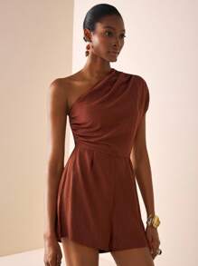 Zivah 20  Summer New Vacation Solid Brown One Shoulder Pleated Short Women Jumpsuit, Suitable For Graduation Outfit, Independence Day, Vacation, Boho, Travel, Daily Outing, Brunch Outfit, Airport Outfit - Brown - View 7