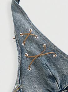 ROMWE Hippie Vintage Western Cowgirl Knotted Sexy Crop Top - Blue - View 3