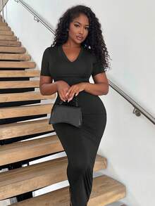 Alexandranx 女士纯色 V 领紧身短袖连衣裙 Hoco Dresses - 黑色 - 查看 6