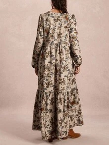 Freevana Vestido maxi de manga larga con estampado de flores para mujer de talla grande, cómodo y fluido, para otoño e invierno. Vestido maxi de invierno con cuello en V para mujeres. Disfraz de Halloween de estilo muñeca con vestido largo holgado y casual para salir. Vestido largo de talla grande para salir, vestido maxi de otoño para mujeres.