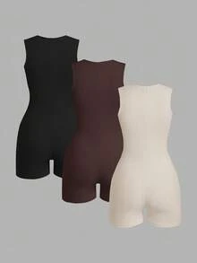 SHEIN EZwear 3pcs Summer Minimalist Solid Color Square Neck Sleeveless Romper 3 Piece Bodysuit Set Women