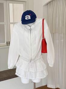 SHEIN EZwear 秋冬女式简约休闲纯色梭织轻薄拉链连帽夹克 - 白色 - 查看 2