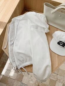 SHEIN EZwear 秋冬女式简约休闲纯色梭织轻薄拉链连帽夹克 - 白色 - 查看 6