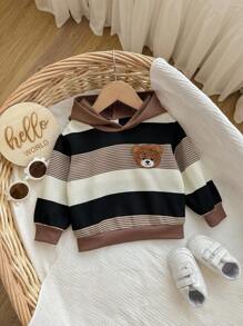 Baby Boy Cute Striped Cartoon Pattern Hooded Sweatshirt, Versatile For Autumn/Winter Fall - Multicolor - View 5