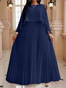 Fleurora 2025 New Plus Size Navy Blue Solid Color Pleated Dress, Fashionable Summer Women Church Dresses Festival Elegant Classy Fall Clothes For - Navy Blue - View 6