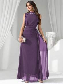 Coutiva Váy dạ hội cổ đính sequin và ngọc trai giả sang trọng, Đầm dự tiệc cao cấp, thanh lịch và tinh tế - Màu tím - Xem 4