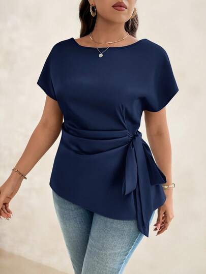 SHEIN Clasi 大码女式纯色圆领蝙蝠袖短袖侧系带时尚衬衫